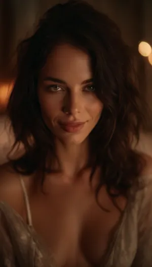 zip realism, (dark brunette hair with warm highlights, center-part hairstyle, thick voluminous hair), (sensual expression, predatory smile:1.4), (sexy lingerie, off the shoulder, foreplay, seduction), (avant-garde experimental photography, soft ethereal lighting), (sharp focus on eyes, loose closeup), (Dutch Angle, medium shot), (f/2.8, shallow depth of field, soft bokeh, layered composition with subtle foreground, vintage analog hasselblad lens:1.8), (soft saturation, dreamy pastel colors), <lora:MJ52:.8>