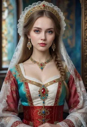Portrait of a Russian beauty in national costume, lace filigree of bright, rich color. Super clear, highly detailed watercolor, glaze technique, plus colored alcohol ink, style of V. Vasnetsov