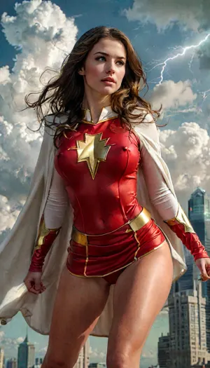 masterpiece, best quality, mary marvel, white cape, ((lightning bolt symbol on chest)), red dress, red skirt, long sleeves, large breasts, skintight, wide hips, leaning forward, wink, looking at viewer, cityscape, sky, clouds, from below, pov, upper body, but, braless, Wearing, clothes, that, make, sense, with, Braless>, <lora:style_lora_realis:2>, <lora:add-detail-xl:1>, <lora:BUT_SDXL_SHS:.3>, <lora:bralessSDXL_v1_00022:1.5>
