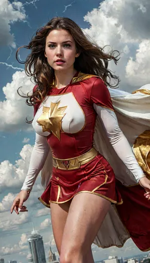 masterpiece, best quality, mary marvel, white cape, ((lightning bolt symbol on chest)), red dress, red skirt, long sleeves, large breasts, skintight, wide hips, leaning forward, wink, looking at viewer, cityscape, sky, clouds, from below, pov, upper body, but, braless, Wearing, clothes, that, make, sense, with, Braless>, <lora:style_lora_realis:2>, <lora:add-detail-xl:1>, <lora:BUT_SDXL_SHS:.3>, <lora:bralessSDXL_v1_00022:1.5>