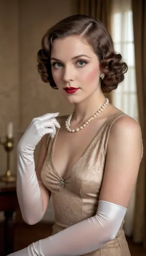vintage salon photograph 1930s, elegant woman, (tiny tits, hairy pussy, short wavy brown hair), in short bias-cut lace evening dress with cowl neckline, wearing white silk opera gloves up to biceps. Intricate finger wave hairstyle with marcel waves, classic 1930s makeup with cupid's bow lips. Art deco diamond earrings and pearl necklace.

Posing gracefully on velvet upholstered stool against textured gabardine backdrop with tasseled curtains. Soft butterfly lighting creating gentle shadows under chin. Grainy film texture, sepia-toned, authentic vintage look.

Studio setting with old-fashioned camera on tripod visible in foreground, atmospheric