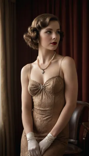 vintage salon photograph 1930s, elegant woman, (tiny tits, hairy pussy, short wavy brown hair), in short bias-cut lace evening dress with cowl neckline, wearing white silk opera gloves up to biceps. Intricate finger wave hairstyle with marcel waves, classic 1930s makeup with cupid's bow lips. Art deco diamond earrings and pearl necklace.

Posing gracefully on velvet upholstered stool against textured gabardine backdrop with tasseled curtains. Soft butterfly lighting creating gentle shadows under chin. Grainy film texture, sepia-toned, authentic vintage look.

Studio setting with old-fashioned camera on tripod visible in foreground, atmospheric