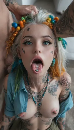 1girl, (big thick lips:1.3), (small thin face:1.5), long white hair, (dreadlocks:1.1), (pale skin:1.9), (happy:1.3), (dimples), (very long thick eyelashes:1.4), (teal eyes), (skinny:1.6), collarbones, (oversized sky-blue shirt), (multiple big teal necklace:1.4), (teal earrings:1.4), (fully unbuttoned open shirt:1.3), (hard Erect nipples:1.5), (bare breasts and belly:1.4), (small waist:1.4), (blue rasta hair-ornaments:1.2), (green rasta hair-ornaments:1.2), (orange rasta hair-ornaments:1.2), (one bare shoulder:1.2), (white hair:1.3), (beads in hair:1.3), view from above, (piercing:1.8), (Tattooed female, body tattoos, inked, rebel:1.2), (cute:1.3), (perky chest), (wide opened mouth:1.4), (tongue out:1.4), cum on mouth, (deep throat blowjob:1.5), (looking up:1.4), (massive cock:1.4), (head grab:1.2), <lora:Microwaist_XL_v01:2>, realistic cumshot, realistic ejaculation