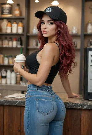 latina, long hair, red hair, tight sexy ass, black cami tanktop, jeans, in a coffee shop, igbebe, faded pink baseball cap, but, <lora:IG_Babe:.8>, <lora:BUT_SDXL_SHS:.8>