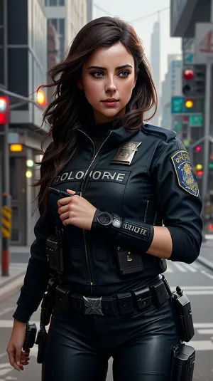 Beautiful female cop, in the street, photography, trending on artstation, sharp focus, studio photo, intricate details, highly detailed, by greg rutkowski