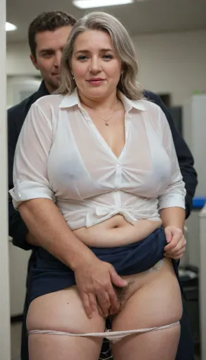 (sideways view), A chubby 50 year old woman, (obese:1.3), wearing office attire is standing by an office water cooler., (skirt pulled up around waist:1.3), (panties pulled aside:1.3), a man is stood next to her and has, (man’s hand fingering her hairy pussy:1.4), . she is showing an, (orgasm expression:1.4)
