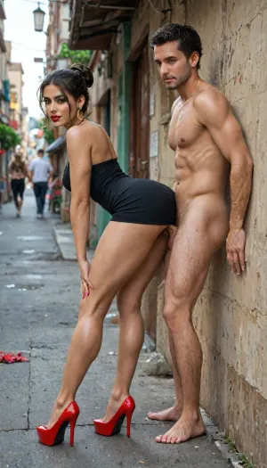 bimbo pinup style, latina, hair bun, black hair, big tits, big ass, hourglass figure, with a smirk, red lipstick, red makeup, big juicy lips, dreamy eyes, sperm on her face, ultra sexy slut, elegant sleeveless black dress with flowers, thighs exposed, red high heels, gold earrings, red rose in her hair, sweaty, drooling, sunny, mexico, alley, looking at viewer, faceless man, people watching, standing, bent over, fucked from behind, doggystyle, anal, side view, long legs, full body view, <lora:detailed_notrigger:2>, <lora:add-detail-xl:.8>, <lora:LCMTurboMix_Euler_A_fix:.8>, <lora:677862_training_data:.8>