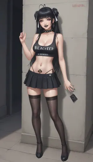 1girl, 20 years old, breasts, black hair, glamorous goth makeup, black lipstick, cleavage, long hair, medium round breasts, smile, solo, bare shoulders, hair ribbon, ribbon, standing, black thighhighs, black high heels, full body, tattoo, spiked choker, queen of spades branded panties, navel, skirt, midriff, collarbone, black miniskirt, pink eyes, thin thighs, grin, side-tie panties, tank top, bare arms, pleated skirt, outdoors, against wall, antenna hair, long ponytails, naughty face, thong, navel piercing, piercing, condom, half-closed eyes, prostitution, condom wrapper, pubic tattoo, (clothing), blacked branded tank top