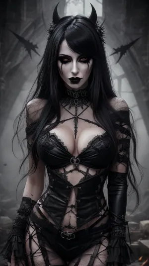 full portrait. gothic, grim, satanic ritual setting. Beautiful trans woman, emo, heavy makeup, ripped clothes