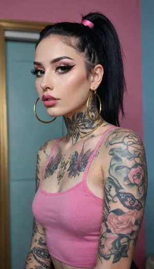 photo of young woman tattooed in style of TatModGalyMcKn, full body, long black hair, ponytail, pink lipstick, large gold hoop earrings, pink-emo, <lora:pink-emo-sx:.8>
