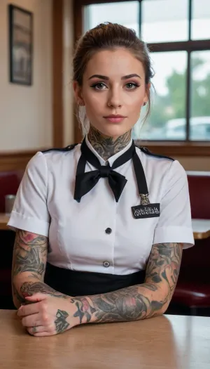 photo of young woman tattooed in style of TatModGalyMcKn, in a waiters uniform