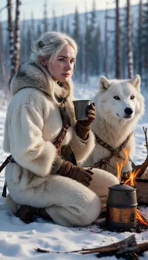 A northern huntress sitting by a small campfire in snowy tundra during a bright winter day, (Nordic hunting clothing), her longbow and quiver resting nearby, She pours hot tea from a metal thermos into a steaming cup, enjoying a quiet rest. An arctic wolf companion lies calmly at her side, soft sunlight shines through thin clouds, peaceful and cozy winter atmosphere, detailed fantasy art, (arctic wolf:1.2), realistic style., raw, detailed, eyes, perfect, (huntress:1.2), longbow, (snowy tundra:1.1), photorealistic, photo, artstyle, <lora:580159_training_data:1.3>, <lora:SDXL1.0_Essenz-series-by-AI_Characters_Style_BetterPhotography-v1.2-'Skynet':1.2>, <lora:CinematicStyle_v1:1.2>, <lora:epicNewPhoto:.9>, <lora:MJ52:1.4>