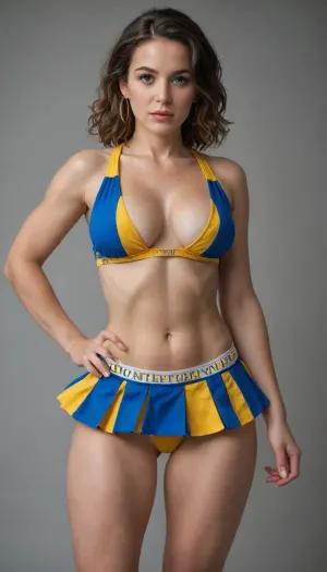 Photorealistic, perfect face, hot, sexy, beautiful muscle milf dressed as cheerleader sucking a hard cock, good posture, posing, busty, buxom, thigh gap, feminine, ultra short mini skirt, bare legs, college girl, yellow thong panties, exposed tits and pussy