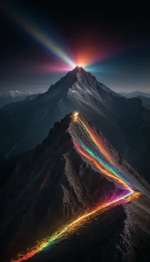 black background, mountain wall is illuminated from above by a beam of many colors