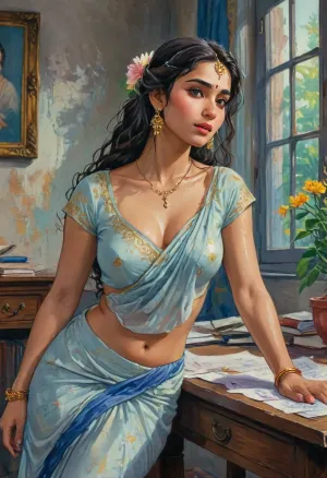 Style, A hand-drawn illustration of an Indian women.

Character, indian women, voluptuous and curvy body type, curvy hip, huge round breast.

Outfit, white with blue gradient colour cotton saree with intricate embroidery, pallu drapped traditionally over shoulder but slightly slid aside, revealing her navel, (full hand sleeved), V-neck black colour blouse exposing cleavage.

Hairstyle, Loose wet Curly hair cascading over her shoulders with flower ornaments.

Pose, the subject is bending forward across the desk directly towards the viewer, (like she is trying to teach something to the student), student POV, supported with both arms resting naturally on the desk, face facing the viewers.

Expression, mild erotic and teasing face reaction.

Skin tone, light brown skin, completely dripping with water droplets.

Camera Agle, POV picture as if the viewer is seated, looking up at the subject bending over the desk, emphasizing cleavage and navel.

Accessories, stylish eye glasses, A thin waist chain made of white pearls, bright red lipstick.

Lighting, Soft dappled white sunlight through window, subtle sheen on skin.

Background, indian school, class room, black board, maths problem written on the board, authentic indian classroom background. Romantic, poetic, artistic, gufeng influence, ink and wash textures, Saree, Indian, ac_neg1, Influencer, Model, j_cartoon, <lora:J_cartoon:1.2>, <lora:Sattar_Bahlulzade:1.8>, <lora:transparent-saree:.8>, <lora:sdxl_vae:.8>, <lora:detailed_notrigger:1>