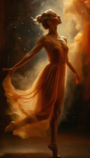 The blonde Ballerina, rendered in captivating oil paint, stands on tiptoe amidst a swirling mist of soft orange and blooming hues, evoking an ethereal, whimsical atmosphere. Her skin glows with a warm golden luminescence. The brushstrokes are bold, expressive and gestural, imbuing the work with a sense of dynamic movement and energy, as if the dancer could leap off the canvas at any moment, capturing the magic of a fleeting performance. Surrounded by much magical glowing dust, flat chested, nipples, <lora:MJ52:.8>