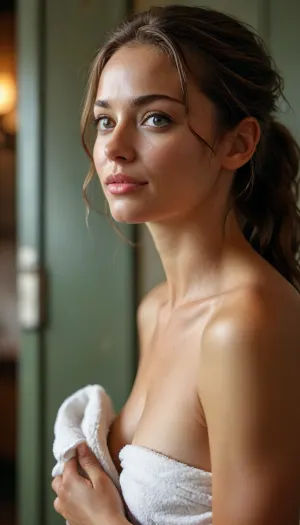 Masterpiece, ultra realistic, focus on high details and quality., ((Side view)), looking a viewer.

Imagine a beautiful skinny woman about 30 years old, fitness coach, muscular abs. she has large perfect breasts, perfect nipples, ((stunning hazel eyes)), her very long hair is soaking wet.
She has a towel around her waist. Shy smile.

She is in a locker room, topless, after a shower, changing after a workout, <lora:MJ52:.8>