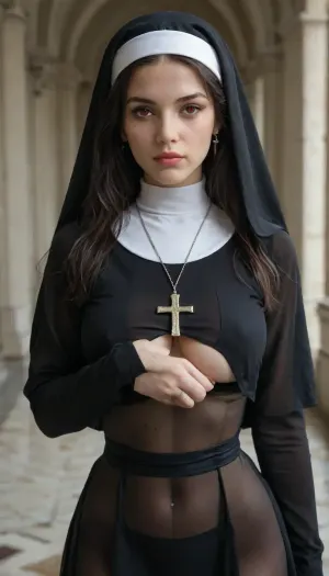 female, black hair, long hair, freckles, red eyes, normal breast, christian cross necklace, earrings, dark nun outfit, black nun veil, nun veil, cleavage, see-through priestess nun maxi dress, minislimwaist, fit woman, underboob, pierced nipples