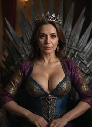 (hyperréaliste), turkish woman 50-years old, detailed face, sexy queen, cleavage, large breasts, sitting on iron throne