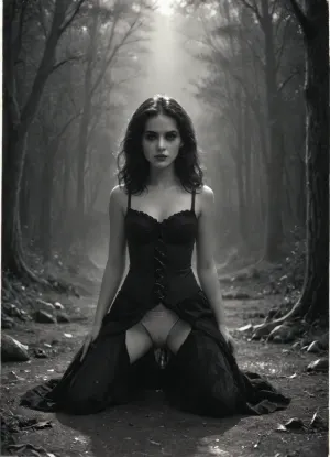 A dark pagan shamaness, captured in a wide cinematic full-body shot, kneeling in a trance within a circle of bones and glowing runes. Her arms are raised toward the sky as if invoking spirits, her body twisting in a ritual dance. She wears tattered leather and fur garments, adorned with feathers, skulls, and talismans, partially torn to reveal pale skin with subtle erotic undertones. Her face is painted with ritual markings, and her long hair is wild, with bones and beads woven through it. The forest around her is filled with fog, crooked trees, and faint silhouettes of spirits watching from the shadows. Stylized as an old retro photograph with film grain, scratches, and noise, in stark black-and-white, with selective crimson accents — glowing runes, her eyes, blood on her hands — creating a haunting Sin City effect, thin skinny white panties with cameltoe, (hard cameltoe), movie frame of in the style sin-city, 01dPh0t0, ((black and white)), photo, dark, shadow, distorted, grainy, film, grain, Victorian, Gustave, Doré, Style, page, <lora:sin-city-sdxl-v1-000050:.3>, <lora:Old_Photo_Style:.9>, <lora:Man_Ray_Subtle_Surrealist_Photography_Style_SDXL-000004:.7>, <lora:Gustave Dore Style:1.8>, <lora:278488_training_data:.6>