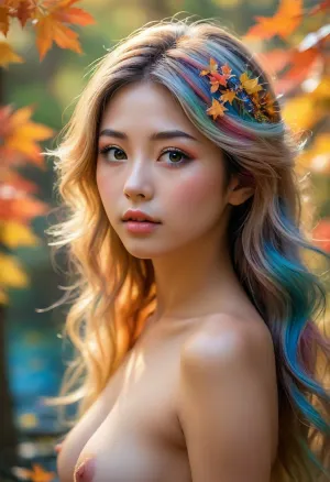 In a breathtaking dawn scene, an ethereal being with a cascade of iridescent hair, shimmering in all colors of the spectrum, sprints through an enchanted autumn forest. Her eyes, a kaleidoscope of hues, reflect the golden light filtering through the leaves. The cool morning breeze dances with the vibrant foliage, creating a symphony of rustling whispers., (Japanese:1.5), (pretty face:1.5), (nude), (medium large breasts), (slender body), <lora:Midjourney Image Enhancer XL v1:.8>