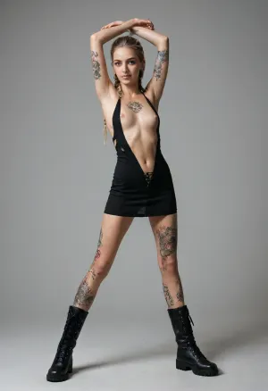 (hyper realistic), (realistic), 1, best lighting, perfect illumination, (best illumination), (best shadow, best shadows), highres, ultra-detailed, 8K, UHD, highest quality, masterpiece, best quality, (ultra realistic), sharp image, (highly detailed faces, (ultra-detailed faces)), (realistic mouths, realistic teeth, detailed hair, detail irises), ((((1 girl, very sweaty, very skinny, tattoos)))), punk style tight dress, fish net leggings, combat boots, dancing, both arms up, crystal clear image, goth girl in dress, long blonde braided hair, seductive, side breasts, ine visible breast, hard nipples, very sweaty from dancing, flat, chested, <lora:flat_chested_v3.5:.3>