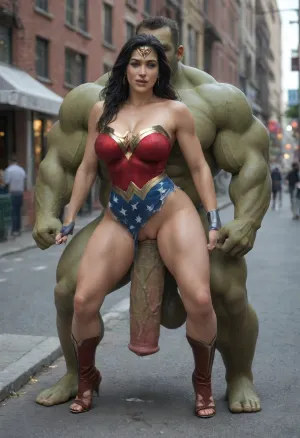 Massive Incredible Hulk, massive green equine hyper-cock, Wonder Woman, torn clothing, superhero, hardcore, rough sex, on a decimated City Street, massive hyper-cock, full body View