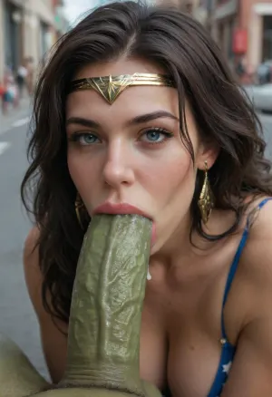 Massive towering Incredible Hulk, massive green equine hyper-cock, blowjob facial Wonder Woman looking at viewer, other superheroes watching, hardcore rough sex, on a decimated City Street, massive hyper-cock, close up, massive messy cumshot drooling