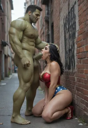 Massive towering Incredible Hulk, massive green equine hyper-cock, blowjob facial Wonder Woman, other superheroes watching, hardcore rough sex, in a filthy dark alley, massive hyper-cock, full body View, massive messy cumshot drooling