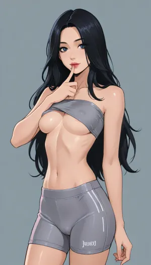reiq style, (Thick outline:1.4), ((Cartoon Style:1.5)), ((Hentai)), (lineart, line, art), long hair, licking finger, pressing breasts with arms, ((underboob)), ((grey bandeau sports bra up)), big round tits, and grey yoga shorts, at a gym, erect nipples, very hard nipples, (cameltoe), smiling, ratatatat74, lineart, line, art, flat, colors, color, <lora:cartoon_stickers_xl_v1:.5>, <lora:outline_xl_kohaku_delta_spv5x:2>, <lora:ratatatat74-000050:2>, <lora:lineartSDXL:1.7>, <lora:yuru_flat:1.9>