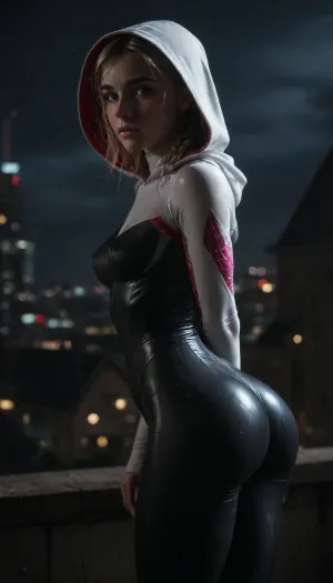night, clear weather, (((18 years old))), (((young))), (shy and embarrassed:1.4), (spider girl Gwen Stacy), Braided side Side Cornrows Hair, (tight outfit), (athletic body:1.5), hood on head, (hip gap:1.3), wide hips, (narrow waist:1.4), (blonde with pink strands), (view from full side:1.6), climbs to the roof of a high-rise building, (makeup), New York day, ((pussy cameltoe:1.4)), (shining wet clothes), (makeup:1.2), (oiled skin:1.5), (wet shining tight bodysuit:2), hand, 1girl, (athletic ass:1.6), (medium natural breast:1.5), (high detailed face:1.5), dim lights, (hard nipples:1.3), (chiaroscuro lighting:.3), <lora:HandFineTuning_XL:1>, <lora:MGLRbodysuit_sdxl:.6>, <lora:uberfit_lora_sdxl:.4>, <lora:dark:.3>