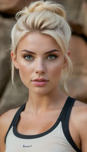 ziprealism, (magazine model, fitness body, athletic body, muscular shoulders, motivational esthetic, action pose:1.6), (sensual suggestive smirk, playful expression, mischievous beauty, raised eyebrows, chiselled facial features:1.2), (tight tank top, cleavage, tight yoga pants, large soft breasts:1.4), (warm natural lighting, light bloom, shallow depth of field, vintage analog lens, focus on eyes:1.2), (goosebumps, vellus hairs, freckles, perfect eyes:.4), (sporty hairstyle, sunbleached hair:1.8), (natural skin texture, maximum quality skin texture, RAW photography, uncompressed), (red rock cliffs, slot canyon, scenic background, peaceful stream, dappled lighting), <lora:style_lora_realis:.8>