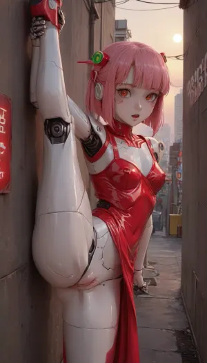 (robot girl:1.9), cyberpunk, sunset, beautiful lighting, (cyberpunk city:1.1), very petite, small boobs, neon signs, (draw anime style:1.9), stiff nipple, looking at viewer, standing, breasts exposed, one breast visible, wet body, oiled body, half naked, open mouth, pussy, standing on one leg, split, standing split, exited face, (comically hyper puffy swollen vulva:1.2), (excessive hyper pronounced puffy swollen vagina:.7), <lora:outline_xl_kohaku_delta_spv5x:1.9>, <lora:AshMilkshake_Illustrious_v1:1.1>, <lora:NEOTOKIOXL_0.2_RC:.5>, <lora:Ppolar-P3v1-NbVp10:.8>