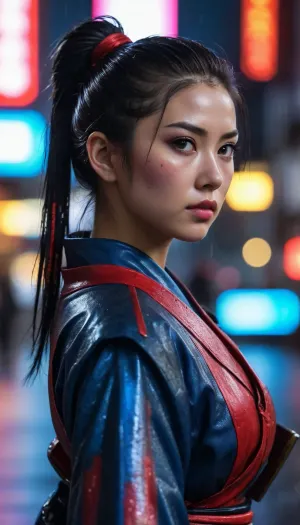 A young female samurai standing in a neon-lit rainy city street at night, looking back over her shoulder with a calm yet determined expression, black hair tied in a ponytail slightly wet from the rain, wearing detailed red and blue samurai armor that reflects the glow of neon lights, holding a sheathed katana angled down at her side, cinematic lighting, hyper-realistic digital art, cyberpunk mixed with traditional Japanese aesthetic, blurred neon signs in red blue and orange reflecting on wet pavement, dark moody atmosphere, portrait close-up focused on upper body, painterly cinematic style.