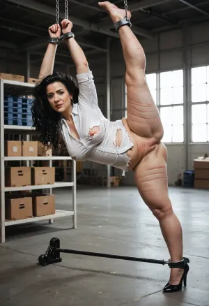 hyper photorealistic masterpiece, maximum quality, maximum details, maximum realism, warehouse, side view, Standing, (chubby, mature, black hair), (wrists spread shackled above head, legs spread, ankles shackled to spreader bar), secretary, torn clothes, whip marks back, <lora:Creat0r_MagicDetailzV2_FIX:1.4>, neg