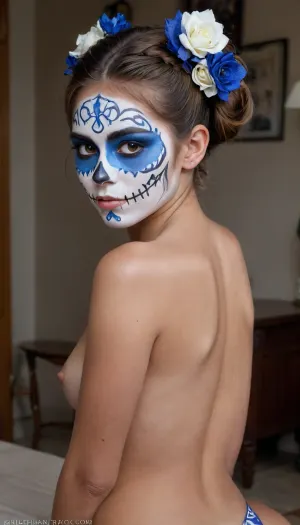In the middle of afiesta, Sexy, little, Mexican girl, hair done up nice, big green eyes, in blue and white traditional Catrina, ((blue and white face paint)), t1, skull, dia de los muertos, day of the dead, naked, dark tanned body, mexican, talavera, she is bent over on her hands and knees, the POV is from behind her, she's looking back at the viewer, <lora:TalaveraCatrina_by_Devdope-000011:2>, <lora:ahxl_v1:1.1>