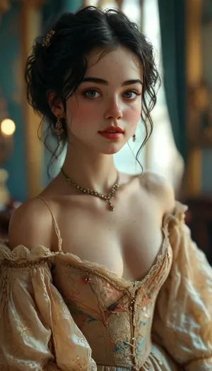 In a ballroom in 1863, a stunningly sexy 18-year-old black-haired girl shows off her gorgeous cleavage and a mischievous smile as she begins her seduction, top-down angle, cleavage, small sexy natural breasts, partially unbuttoned shirt, stylish makeup, freckles, beautiful expressive eyes, seduction, retro 1860s hairstyles and makeup, clothing and decor, masterpiece, key visuals, incredibly detailed, rank_9, <lora:detailed_notrigger:.8>, <lora:MJ52:.8>