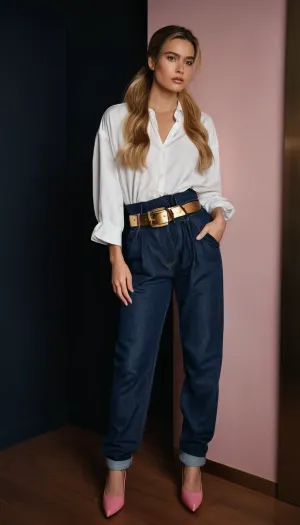 dark blue baggy paperbag slouchy jeans, very long hair, gold belt, slouchy style, ponytail, black and blond hair, white blouse, pink shoes
