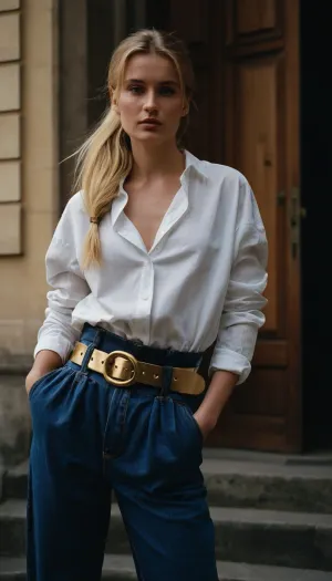 dark blue baggy paperbag slouchy jeans, very long hair, gold belt, prague, slouchy style, ponytail, blonde hair, white blouse