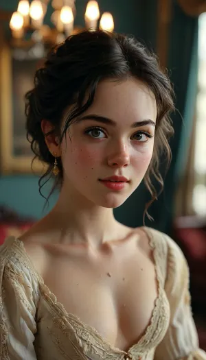In a ballroom in 1863, a stunningly sexy 18-year-old black-haired girl shows off her gorgeous cleavage and a mischievous smile as she begins her seduction, top-down angle, cleavage, small sexy natural breasts, partially unbuttoned shirt, stylish makeup, freckles, beautiful expressive eyes, seduction, retro 1860s hairstyles and makeup, clothing and decor, masterpiece, key visuals, incredibly detailed, rank_9, <lora:detailed_notrigger:.8>, <lora:MJ52:.8>, girl sucks dick