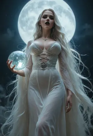 score_9_up, score_8_up, score_7_up, tall slender woman, lady death, hourglass figure, black lipstick, open mouth, (holding a glowing ball), eyesshadow, long eyelash, mini waist, massive hip, giant sagging breasts, extremely pale skin, (platinum long flowing hair:1.3), black flowing see-through bodysuit, flowing belt, wind, flouting in the air, night, (extreme full cyan moon:1.6), low angle shot, <lora:MJ52:.8>