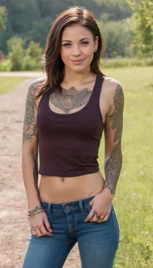 ziprealism, (amateur candid snapshot, mischievous grin, perfect eyes), (slender), (brunette hair, center-part hairstyle), (tattoos:1.4), casual tank top, teasing cleavage, outdoors, park, jeans, down, exposing, her, pussy, shaved, <lora:jeans down_D02_realvizXL2_bucket_P6b_02-000010:.8>