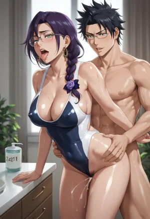 score_9, score_8_up, score_7_up, bleach, yadoumaru_lisa, absurdres, highres, 1boy, 1girl, breasts, grey_eyes, black_hair, braid, glasses, clothed_female_nude_male, covered_nipples, female_pubic_hair, hetero, single_braid, highleg, highleg_one-piece_swimsuit, indoors, large_breasts, long_hair, nude one-piece_swimsuit, open_mouth, pubic_hair, sex, sex_from_behind, standing, standing_sex, shiny_skin, swimsuit, tongue, tongue_out, multicolor_one-piece_swimsuit