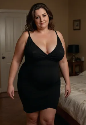 Side view, (mature:1.5), (obese:1.5), Photo of a short ssbbw mature woman with beautiful eyes, (captivating eyes:1.3), ((Nikon Z8)), realistic matte skin, skin texture visible, (sharp focus), (high quality), (face and body visible), saggy, ((Detailed Face and Eyes)), photograph of a 55 year old, ((Mediterranean woman with messy dark hair)), smile, ((wearing a sleeveless form-fitting black sundress with deep plunge neckline)), braless, hard nipples, walking towards the camera, head tilted slightly, staring attentively at the viewer while walking into the bedroom, slutty, moody, UHD, HDR, hyperreallistic, <lora:add-detail-xl:.7>