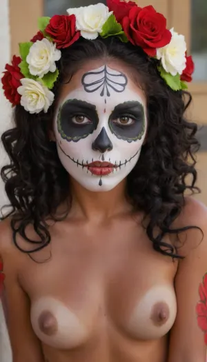 Sexy, little, Mexican girl, Catrina skull full face paint, bright green eyes, ((black, white, and red, face paint:1.2)), t1, skull, dia de los muertos, day of the dead, flowers in hair, long black curly hair, styled up nice, ((skull face paint)), naked, skinny body, dark tanned body, (tan lines:1.3), mexican, talavera, she is on her knees, seductive look on her face, hotsquat, woman, squat, bellissima, 1girl, <lora:TalaveraCatrina_by_Devdope-000011:1.4>, <lora:woman_squat_xl_lora-000031:1>, <lora:LesFemmesXL_v1.0:1.1>