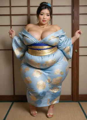 (Location is a very luxury Japanese room), (Full body view:1.2), very overweight 20 year old Japanese girl, ((Asian Japanese girl:1.5)), incredibly thick voluptuous body, luscious curves, very chubby girl, very fat girl, ((gluttony)), ((morbidly obese:1.2)), ((fat creases)), ((fat rolls)), very chubby belly, wide body, insanely chubby, ((extremely thick chubby thighs)), very beautiful face, ((fat chubby face:1.5)), ((chubby neck with fat creases:1.3)), ((double chin:1.4)), ((chubby cheeks:1.4)), big fat thighs, very large fat ass, (highly detailed thick lips:1.3), nevertheless white skin tone, very pale skin, (standing model posing), (contemptuous look), very black hair, (Japanese hairstyle:1.3), dark makeup, (club makeup, bimbo makeup), matte bright lipstick, (gold jewelry:1.5), expensive gold necklace, large gold earrings, (petite breasts), (wearing a very beautiful traditional Japanese kimono dress in blue with slightly golden details:1.6), high heels, (highly detailed face:1.2), fat, <lora:attractive_notrigger:.8>