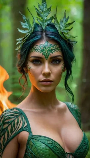 nude girl in her twenties, Sylvari, (((green skin))), intricate leaf pattern, burning red eyes, flames comming from the eyes, bioluminescence, (leaves for hair), druidic wizard staff in hand, shamanic clothes, wild, firece expression, dense magical forest, realistic, photography, hyperrealism, Leaves_Fantasy, <lora:1431512_training_data:.5>