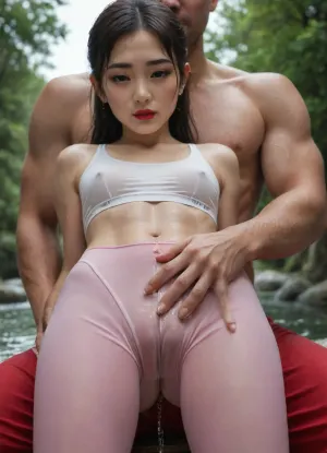 Photorealistic, ultra detailed, 19 year old, (asian:2.5), woman, (petite:1.5), thin hands and legs, thin body, blue eyes, small mouth, perfect beautiful face, (bright red lipstick:1.3), long black hair, small breasts, white sports bra, (wet crotch:1.6), pink yoga pants, man in maroon shorts groping woman breasts, (thick libia:1.5), (peeing:1.5), (big cameltoe:1.9), man is topless and in maroon shorts, park