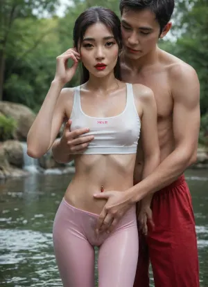 Photorealistic, ultra detailed, 19 year old, (asian:2.5), woman, (petite:1.5), thin hands and legs, thin body, blue eyes, small mouth, perfect beautiful face, (bright red lipstick:1.3), long black hair, small breasts, white sports bra, (wet crotch:1.6), pink yoga pants, man in maroon shorts groping woman breasts, (thick libia:1.5), (peeing:1.7), (big cameltoe:1.9), (pierced bellybutton:1.7), man is topless and in maroon shorts, park