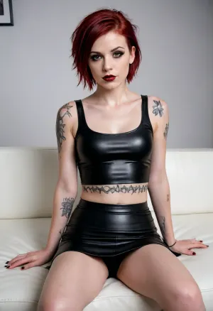 Punk woman, small breasts, medium/short dark auburn/red hair, glossy black vinyl tank top and short skirt, midriff, sitting languidly on a white couch, pale skin, black lipstick, seductive pose, white background, sexy, suggestive, tattoo on chest